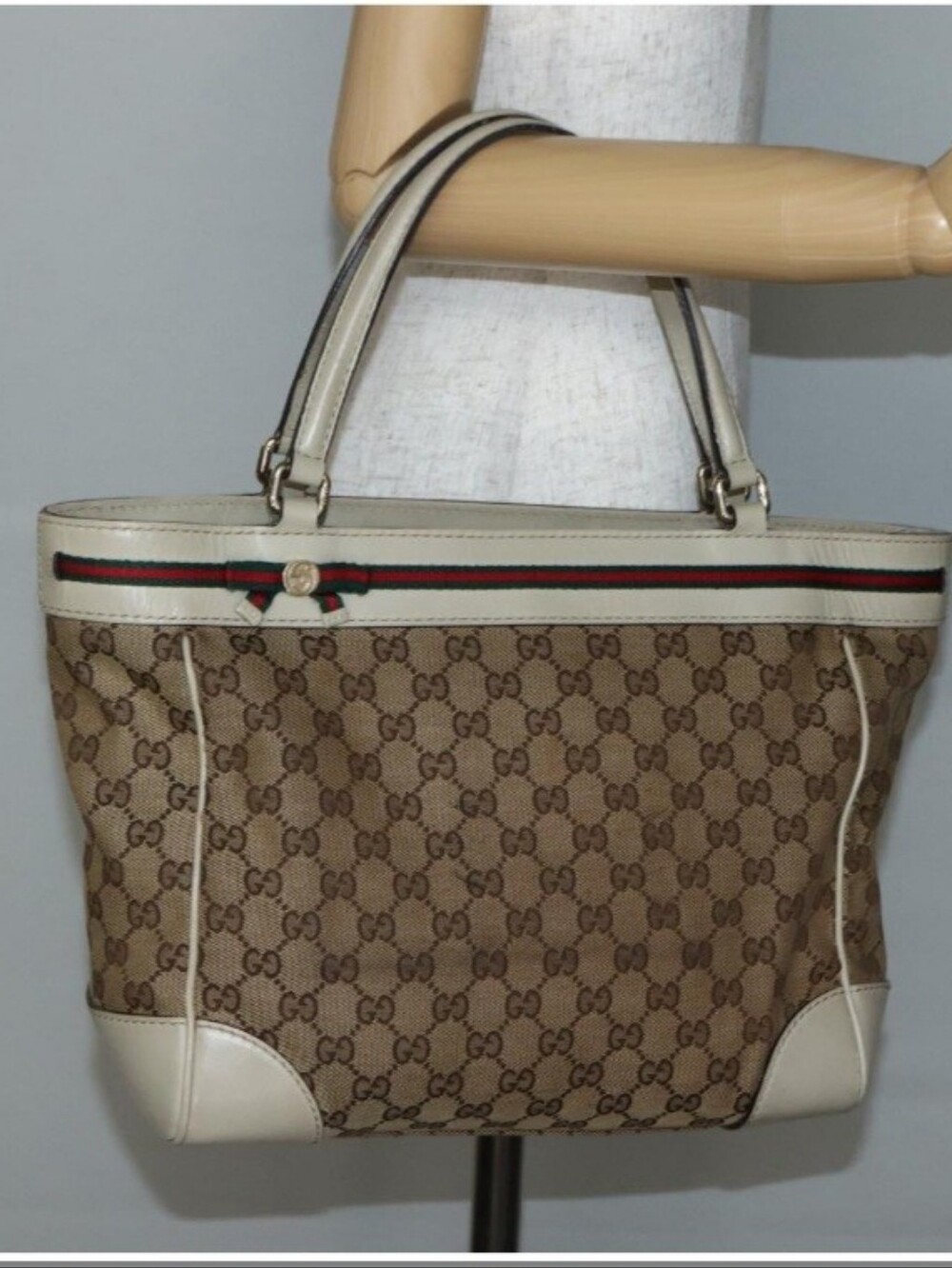Gucci Beige GG Canvas Tote with Leather Trim